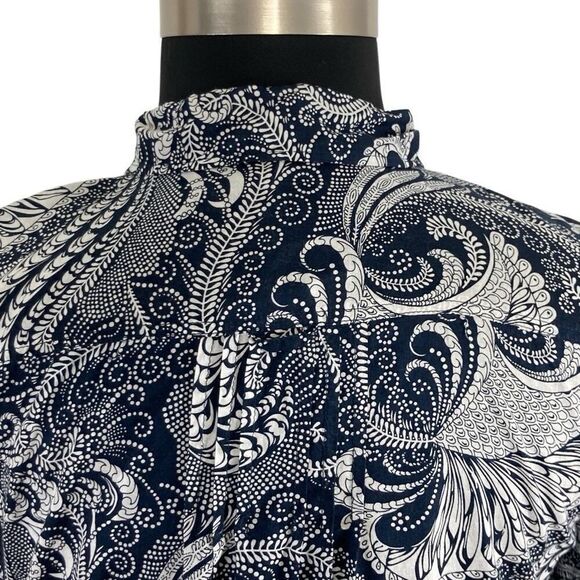 Talbots L Navy Paisley Button Down Top Pleated Oceanic Art to Wear Career Office - Picture 6 of 11